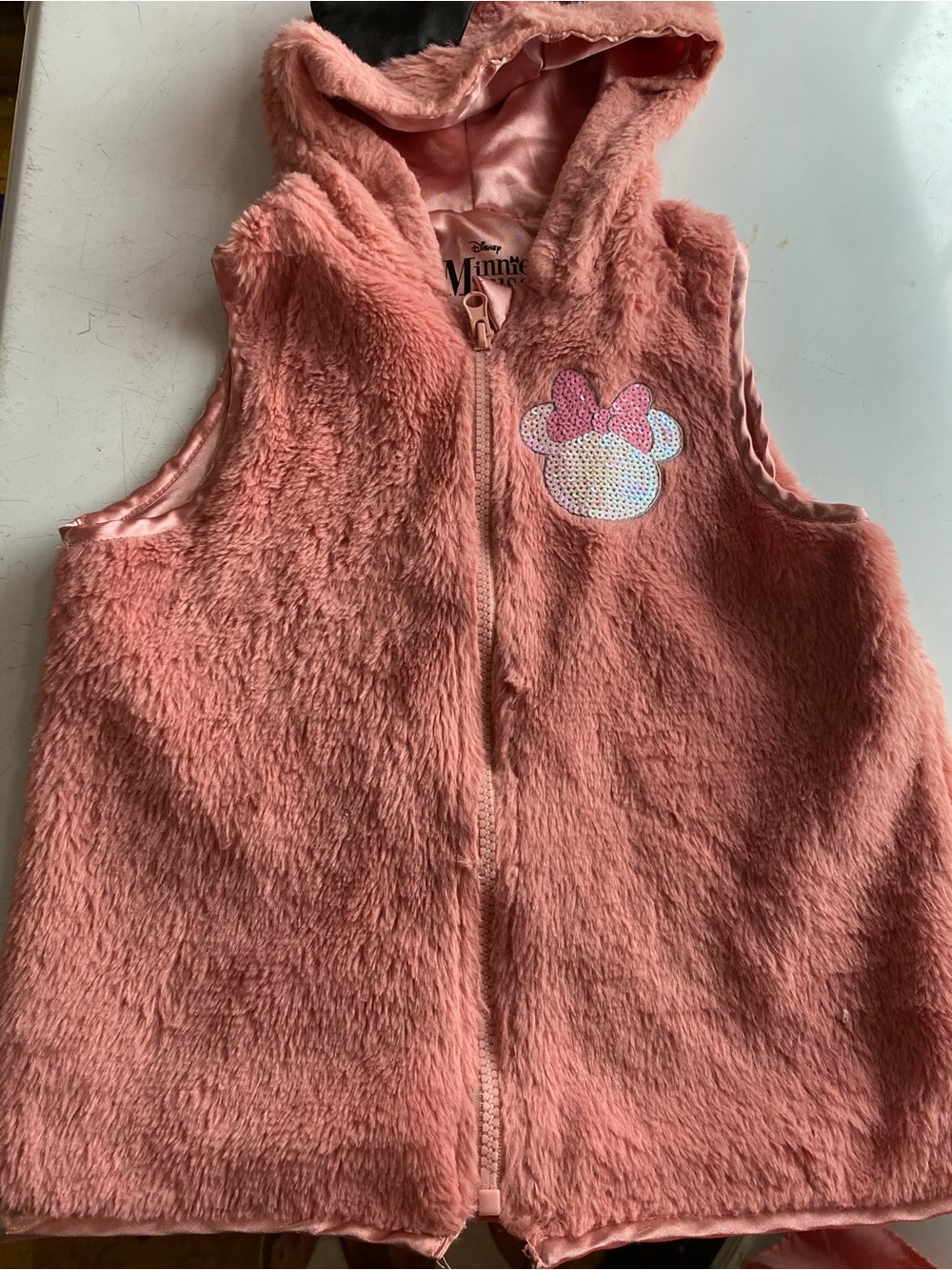 Disney Pink Fuzzy Hooded Vest with Sequin Minnie Patch